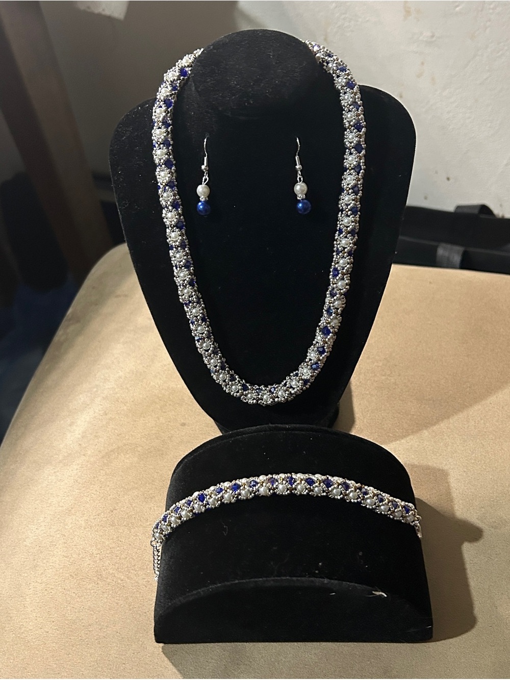 Handcrafted Blue and Silver Beaded Jewelry Set - Necklace, Bracelet & Earrings